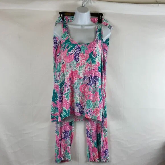 Lilly Pulitzer Pajama Set XXL Multi Seaside Carnivale Knit XXL Tank Pants Pink - Picture 2 of 16